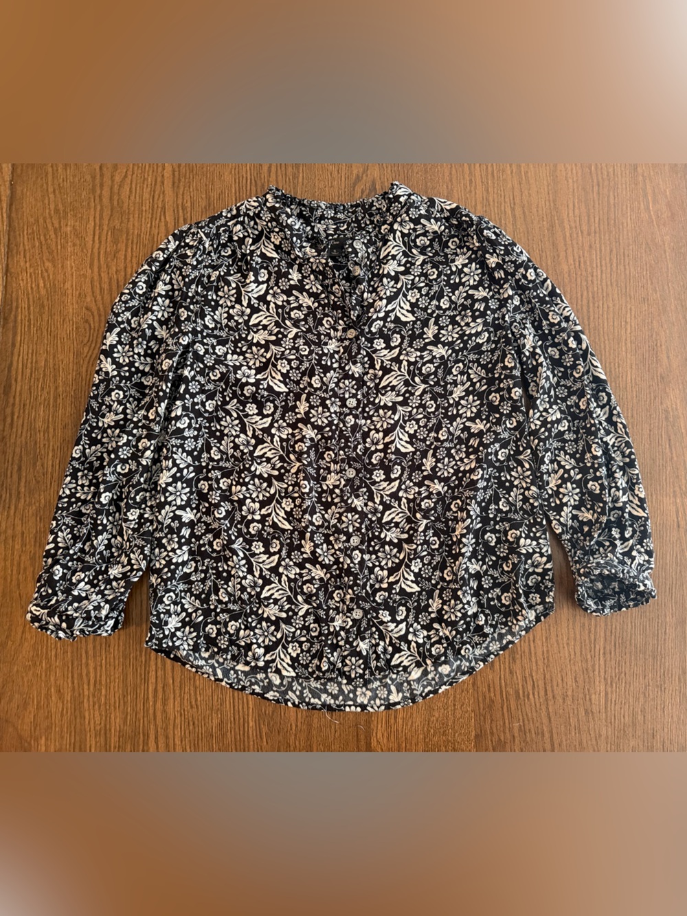 J. Crew Black and Cream Floral Button-Front Blouse
